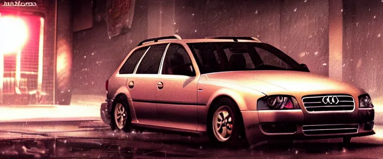 Prompt: Audi A4 B6 Avant (2002), a gritty neo-noir, dramatic lighting, cinematic, establishing shot, extremely high detail, photorealistic, cinematic lighting, artstation, style by greg rutkowsky, Max Payne (PC) (2001) winter new york