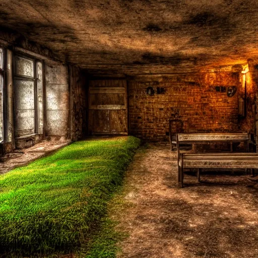 Prompt: you wake up on a cold bench, you look around. you find out that you are locked inside a musky cold abounded cellar with vines, moss and mushrooms growing around you, realistic, hdr, clear image, hdd, rtx on, dynamic lighting,