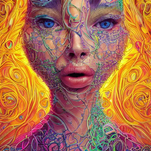 Image similar to the portrait of a ridiculously beautiful and elegant woman partially made of onion rings of all colors, an ultrafine detailed illustration by james jean, final fantasy, intricate linework, bright colors, behance contest winner, vanitas, angular, altermodern, unreal engine 5 highly rendered, global illumination, radiant light, detailed and intricate environment