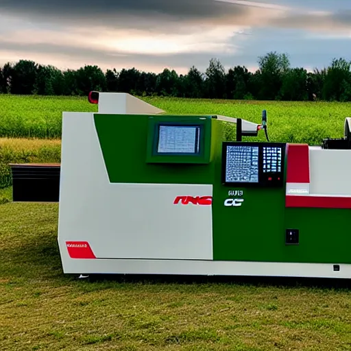 Image similar to cnc lathe from haas stands in a green field, the sky is bright red with clouds