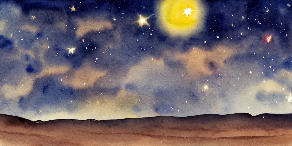 Prompt: desert with sky with stars in watercolor, cinematic, highly detailed wide, atmospheric lighting, muted colors