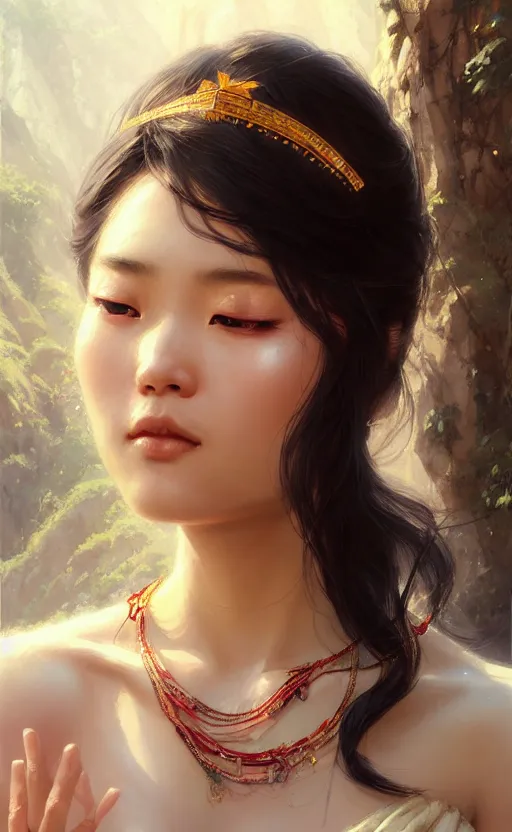 Image similar to a beautiful taiwan goddess with sundress with jewelry | | winter, realistic shaded, unpleasant face, good looking, fine details, realistic shaded lighting poster by greg rutkowski, magali villeneuve, artgerm, jeremy lipkin and michael garmash and macoto takahashi