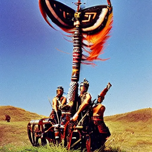 Image similar to Maori warrior on ancient motorcucle with drone by david lachapelle, old photo, vintage