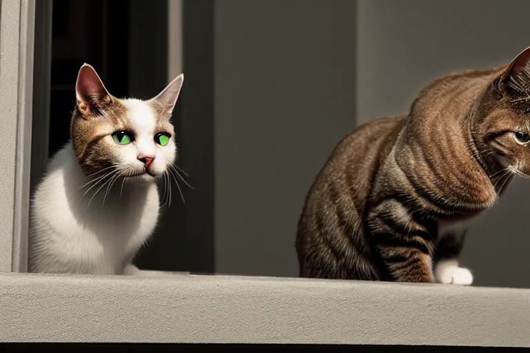 Image similar to vfx film closeup, cat on a window ledge, flat color profile low - key lighting award winning photography arri alexa cinematography, hyper real photorealistic cinematic, atmospheric cool colorgrade