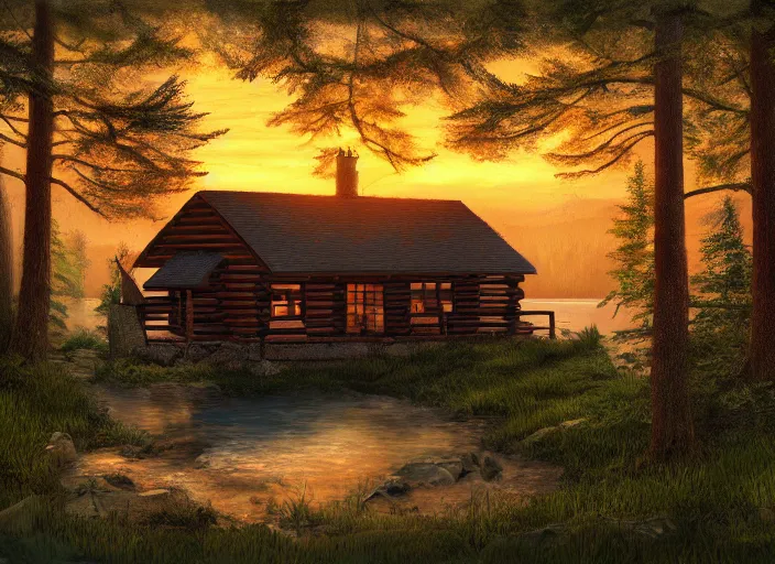 Prompt: a cabin in a forest by a lake with a sunset, realistic, digital painting, artstation