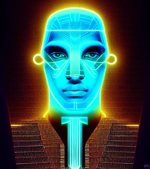 Image similar to symmetry!! egyptian god of technology, solid cube of light, hard edges, product render retro - futuristic poster scifi, lasers and neon circuits, brown skin handsome egyptian god, intricate, elegant, highly detailed, digital painting, artstation, concept art, smooth, sharp focus, illustration, dreamlike, art by artgerm