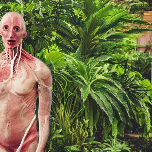 Prompt: a photo of a human with skin made of plants