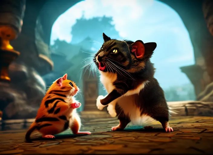 Image similar to hamster fights a cat in mortal kombat on the background of a laughing shao khan. fantasy magic style. highly detailed 8 k. intricate. lifelike. soft light. sony a 7 r iv 5 5 mm. unreal engine with nanite and path tracing