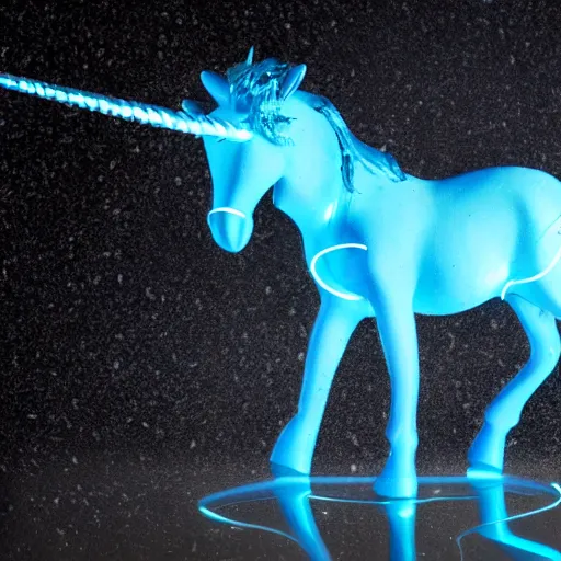 Prompt: blue unicorn, its skin is recovered by blue electrical discharges, it's running etween a storm, high - quality, realistic, the figure is on the center of the picture, there is space around the figure