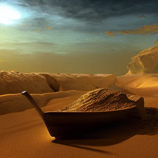 Image similar to “golden shovel digging gold scattered treasures and pearls ship wreck in the style of Edward Hooper detailed 8k atmospheric volumetric lighting octane render” - S 627395