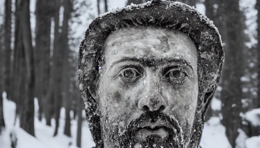 Prompt: 1 9 6 0 s movie still close up of marcus aurelius frozen to death in a dirty cape yelling in the snow, pine forests, cinestill 8 0 0 t 3 5 mm b & w, high quality, heavy grain, high detail, texture, dramatic light, anamorphic, hyperrealistic, detailed hair