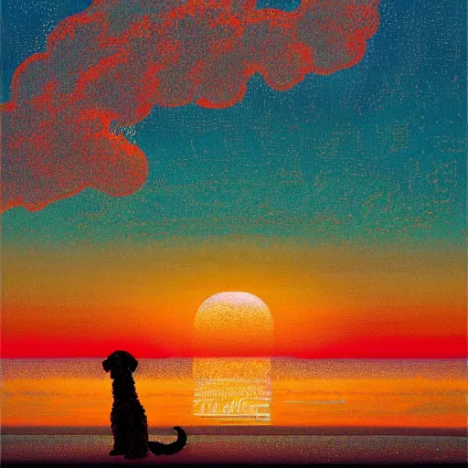 Prompt: labradoodle pup on the beach, sunset, oil painting victo ngai