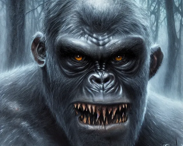 Image similar to 5 5 mm portrait photo of a demonic undead gorilla looking at the camera, in a magical forest, dark atmosphere, art by greg rutkowski and luis royo, highly detailed, 8 k, intricate, lifelike, soft light