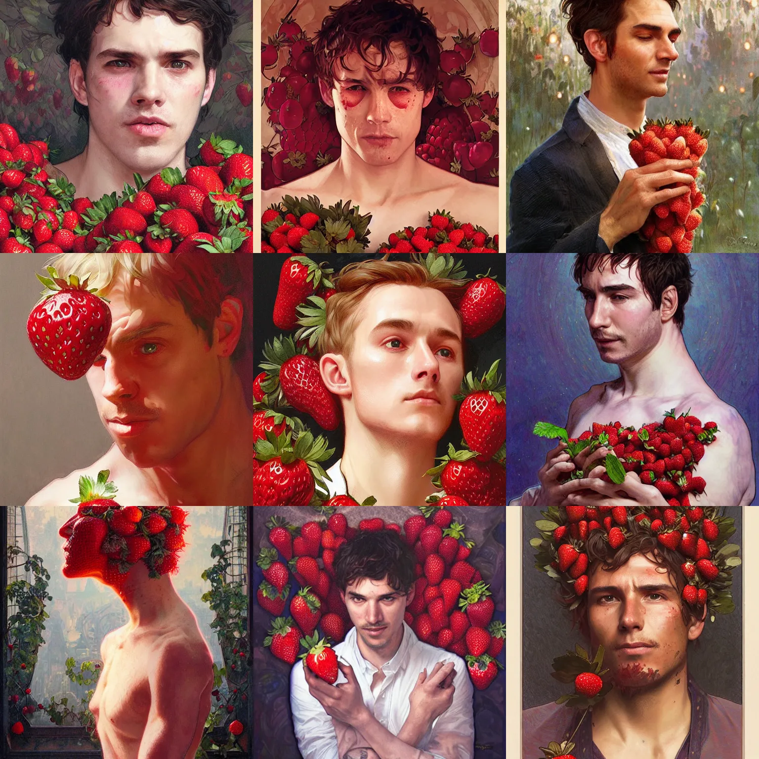 Prompt: portrait of a man covered in strawberries, slight smile, strawberry, magical, art by greg rutkowski and artgerm and alphonse mucha