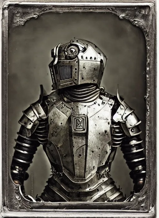 Image similar to old 1 9 th century wetplate daguerreotype portrait of a futuristic silver armored knight district 9 cyborg, fractal, intricate, elegant, highly detailed, subsurface scattering, by jheronimus bosch and greg rutkowski,