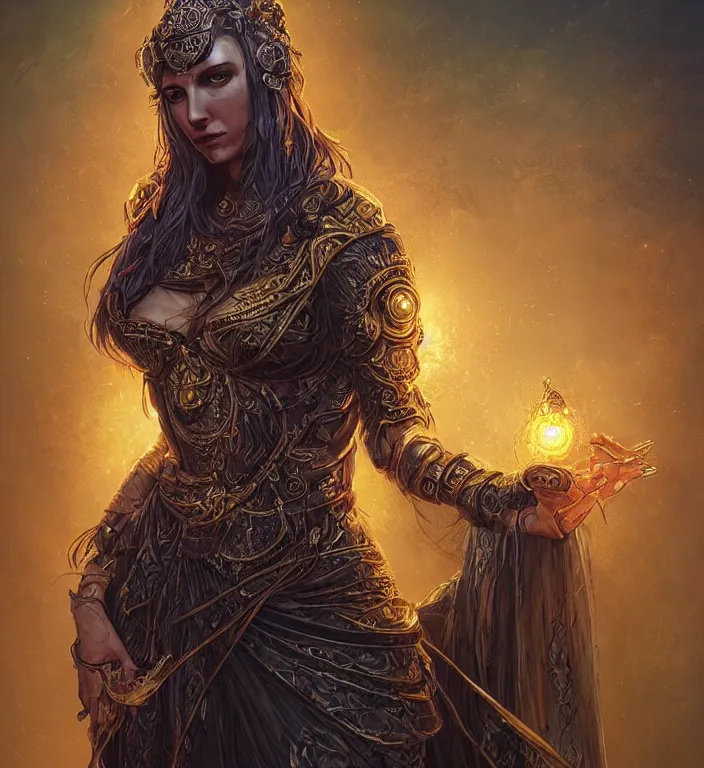 Image similar to unreal engine render of, centered Intricate portrait of a goddess, tarot card, dark souls colour scheme, luminal, smooth, coherent, high detailed, kerem beyit, Karol Bak, Chris Cold, james gurney, dan mumford, featured on artstation, instagram HD, unreal engine