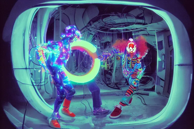 Image similar to friendly cyborg - clown emerging from a space portal in cyberspace, fractal, in 1 9 8 5, y 2 k cutecore clowncore, bathed in the glow of a crt television, crt screens in background, low - light photograph, in style of tyler mitchell
