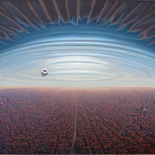 Image similar to big alien spaceship shaped like cloud hanging above city by jeffrey smith, oil on canvas