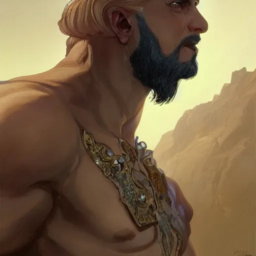 Prompt: Portrait of bedouin D&D, muscular, wearing dragon claws, fantasy, intricate, elegant, thick beard highly detailed, digital painting, artstation, concept art, smooth, sharp focus, illustration, art by artgerm and greg rutkowski and alphonse mucha