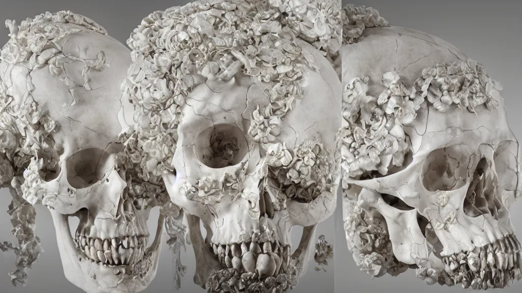 Image similar to skull of mystery, an epic sculpture made of marble and ivory, by gustave dore, by emil melmoth, by alphonse mucha, hell, sculpture standing on in a large studio space, monumental, epic, rococo, generative, detailed, intricate, volumetric lighting, realistic, octane render, 2 0 % pearlescent detailing