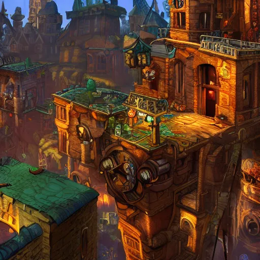 Image similar to A fantastical underground steampunk village with towering buildings, side-scrolling 2d platformer game level, dramatic dusk sun illuminates areas, volumetric light , detailed, rich color, upscale , 8k