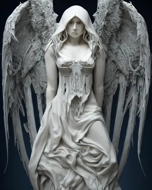 Prompt: angel of death by billelis, ivory rococo frontal view, gothic decor room,beautifully lit, hyper detailed, lighting, neon, 4k, micro details, 3d sculpture, structure, 30% pearlescent detailing + punk + magical + symmetrical