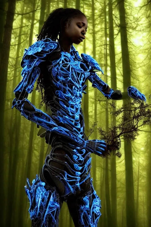 Prompt: high quality photo very beautiful! black woman with detailed exoskeleton armor, touching tree, in a forest, digital art brad kunkle elson peter, dramatic blue light low angle hd 8k sharp focus