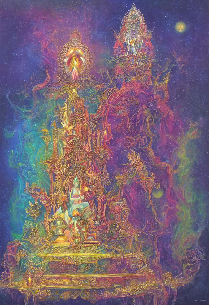 Image similar to holy throne of the gnostic lunar god, award winning oil painting, iridescent color palette