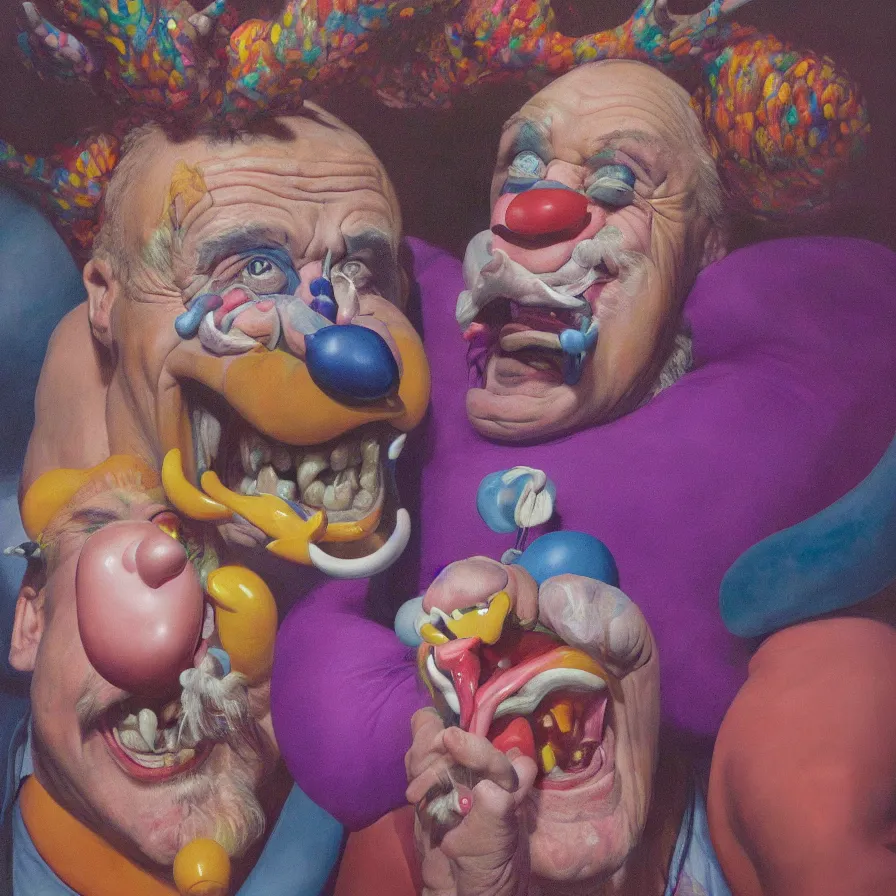 Image similar to rare hyper realistic portrait painting by chuck close, studio lighting, brightly lit purple room, a blue rubber duck with antlers laughing at a giant laughing white bear with a clown mask