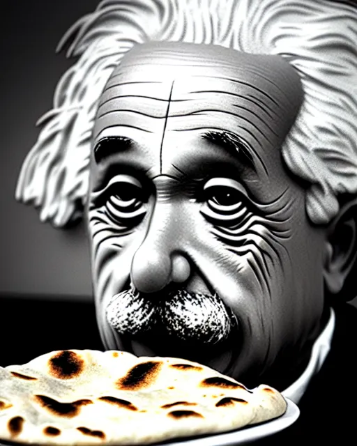 Prompt: A photo of Albert Einstein eating naan, highly detailed, trending on artstation, bokeh, 90mm, f/1.4