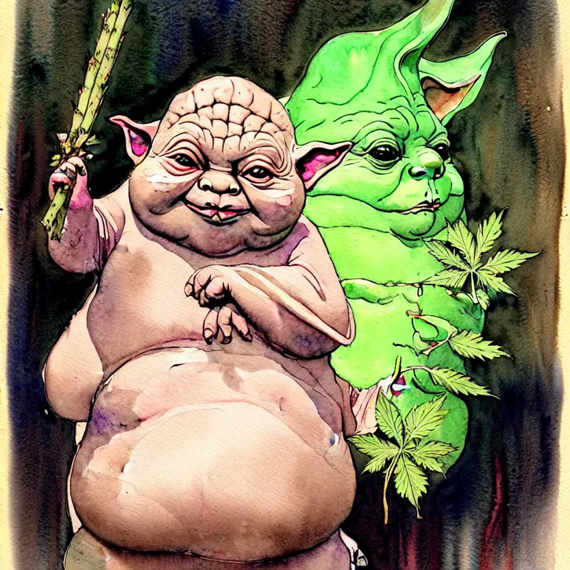 Image similar to a realistic and atmospheric watercolour fantasy character concept art portrait of a fat yoda with pink eyes smiling and holding a blunt with a pot leaf nearby, by rebecca guay, michael kaluta, charles vess and jean moebius giraud