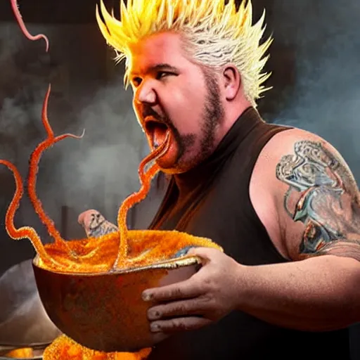 Image similar to guy fieri, turning into an eldritch horror with tentacles, hair sharp like blades, bathing in a giant pan filled with boiling oil, film still from the movie directed by denis villeneuve with art direction by salvador dali