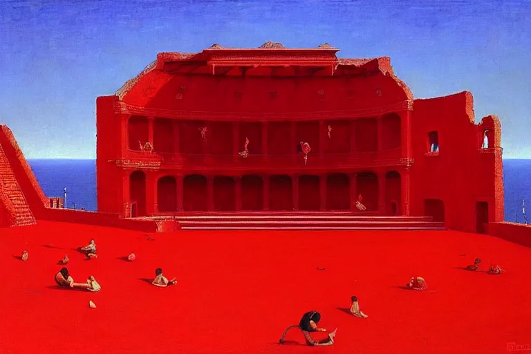 Prompt: only with red, a red great emperor, taormina amphitheatre, expressive crowd with big smile, in the style of beksinski, parts by edward hopper, parts by rodcenko, parts by yue minjun, intricate and epic composition, red by caravaggio, insanely quality, highly detailed, masterpiece, red light, artstation, 4 k