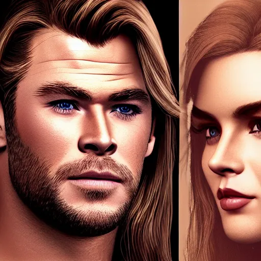 Prompt: chris hemsworth and lana del rey crossbreed, handsome, rendered in 3 d by xie boli, trending on artstation, 4 k, 8 k, photorealistic imagery, photorealistic details, intricate, highly detailed