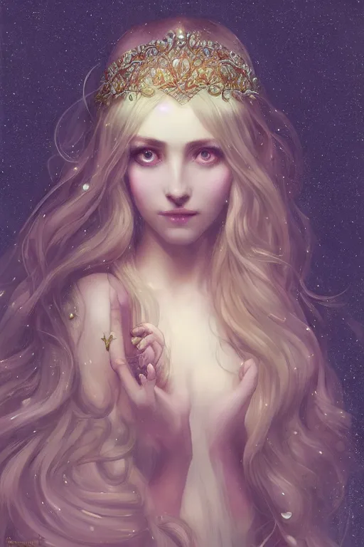 Prompt: Nocturne, glowing, stars, beautiful sly fae bohemian girl, long blonde hair, tiara, highly detailed, mysterious, ethereal, sigils, haute couture, illustration, dramatic lighting, soft details, painting, by Edmund Blair Leighton, Brom, Charlie Bowater, trending on artstation, faces by otto schmidt