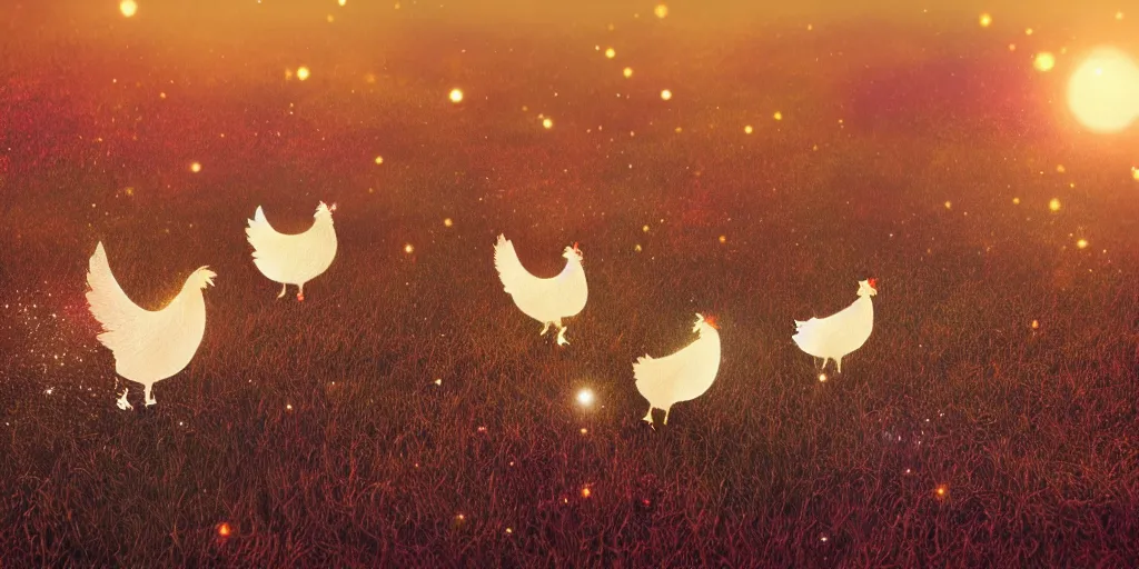 Image similar to magical sparkling chickens frolicking in a field, autumn, sparkles, light beams, photorealistic, hyperrealistic, 8 k, trending on artstation