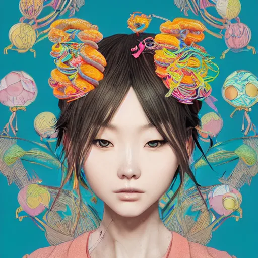 Image similar to the face of a ridiculously beautiful and pretty japanese girl partially made of onion rings of all colors looking down, an ultrafine detailed illustration by james jean, final fantasy, intricate linework, bright colors, behance contest winner, vanitas, angular, altermodern, unreal engine 5 highly rendered, global illumination, radiant light, detailed and intricate environment