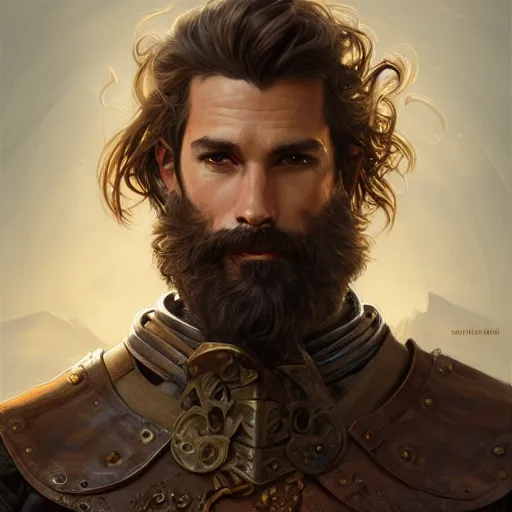 Image similar to portrait of a ruggedly handsome paladin, soft hair, muscular, half body, leather, hairy, d & d, fantasy, intricate, elegant, highly detailed, digital painting, artstation, concept art, smooth, sharp focus, illustration, art by artgerm and greg rutkowski and alphonse mucha