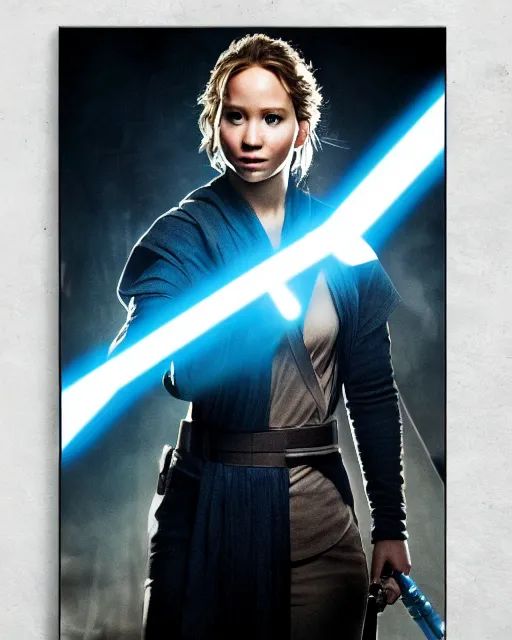 Prompt: jennifer lawrence as a jedi with ripped and damaged clothes holding a blue lightsaber in her hands, very dark background, official new star wars episode xi movie poster from lucas arts, perfect symmetrical face, moody lighting, 8 k, shallow depth of field, intricate detail,