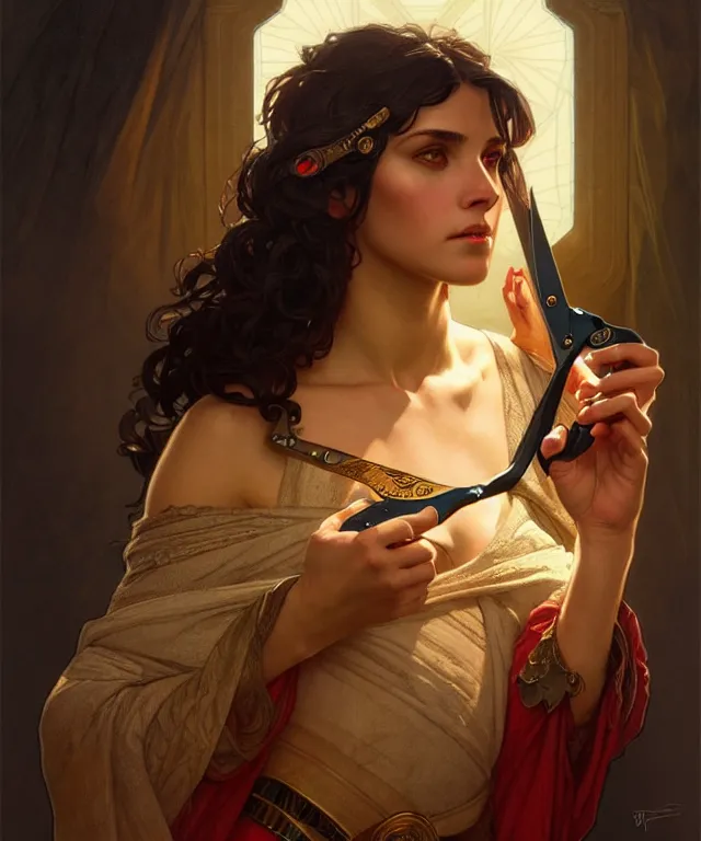 Image similar to portrait of biblical delilah holding shears, intricate, headshot, highly detailed, digital painting, artstation, concept art, sharp focus, cinematic lighting, illustration, art by artgerm and greg rutkowski, alphonse mucha, cgsociety