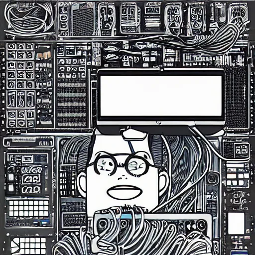 Prompt: illustration of a boy connected to his laptop with hundreds of wires, highly detailed, by ghibli, butcher billy, mcbess, rutkowski, james jean, 8 k, photorealistic