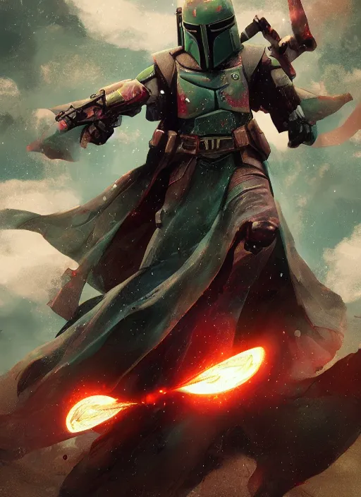 Prompt: arcane wizard x boba fett, 3 d digital art, character mashup, epic volumetric lighting, combination art, photorealistic