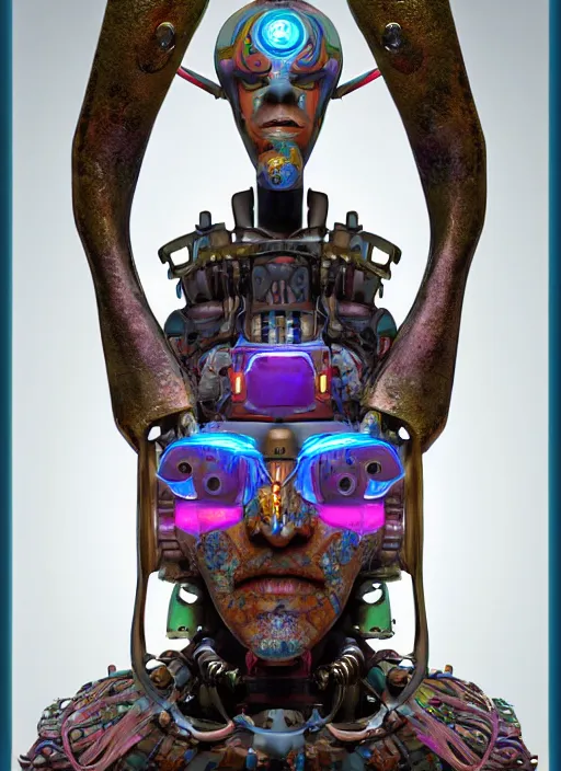 Image similar to portrait of a shaman robot, full colour, the akashic records of literary dreams as decoration, full colour, 3 d shaded, sam wolfe, zbrush central,