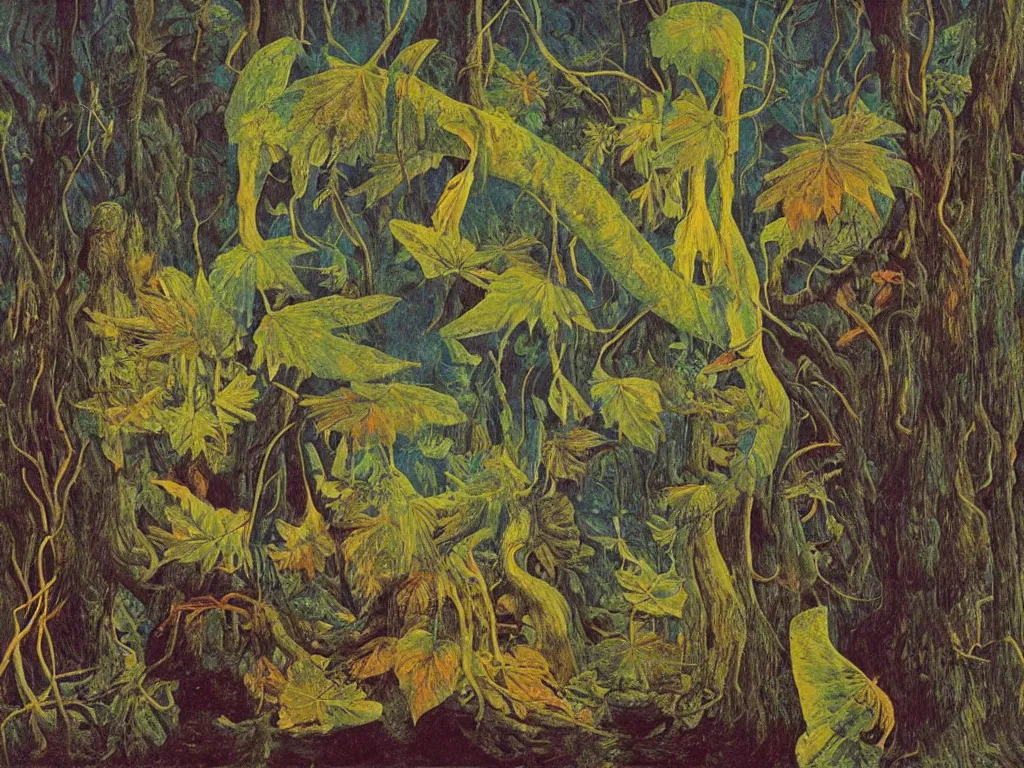 Image similar to paraphernalia on the bark. brink of the melancholy fjords, flock of alligators crumble so. obituary to the leaves. a psychedelic dream, that is. painting by max ernst, paolo ucello, caspar david friedrich, agnes pelton, rene magritte, monet