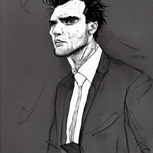 Prompt: handsome and brutal man in suit portrait by kaethe butcher and moebius