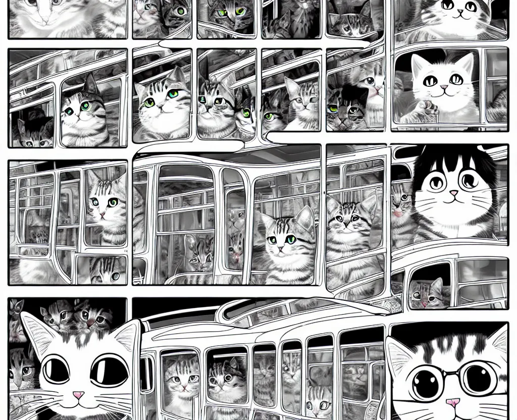 Image similar to Cat transformed into a bus, in the style of Manga, Eichiro Oda, hyper detailed, UHD, 8K details