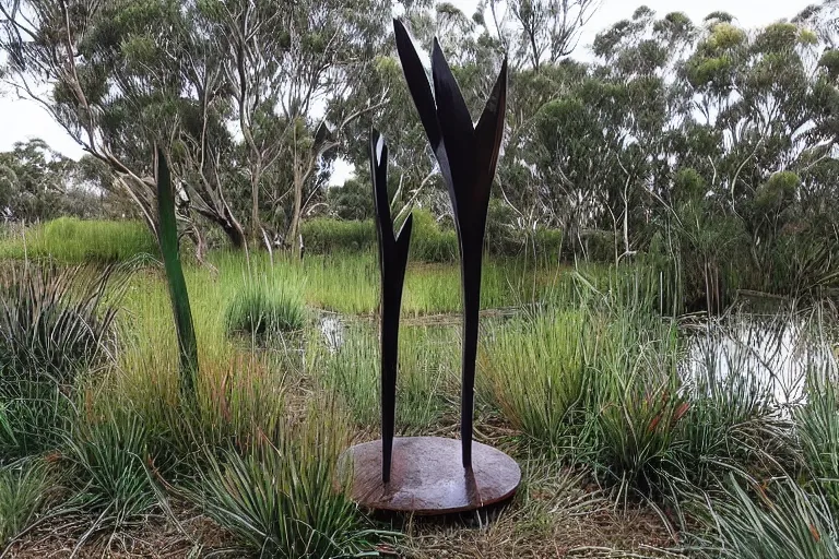 Image similar to “dramatic award-winning sculpture in an Australian wetlands, sculpture garden”