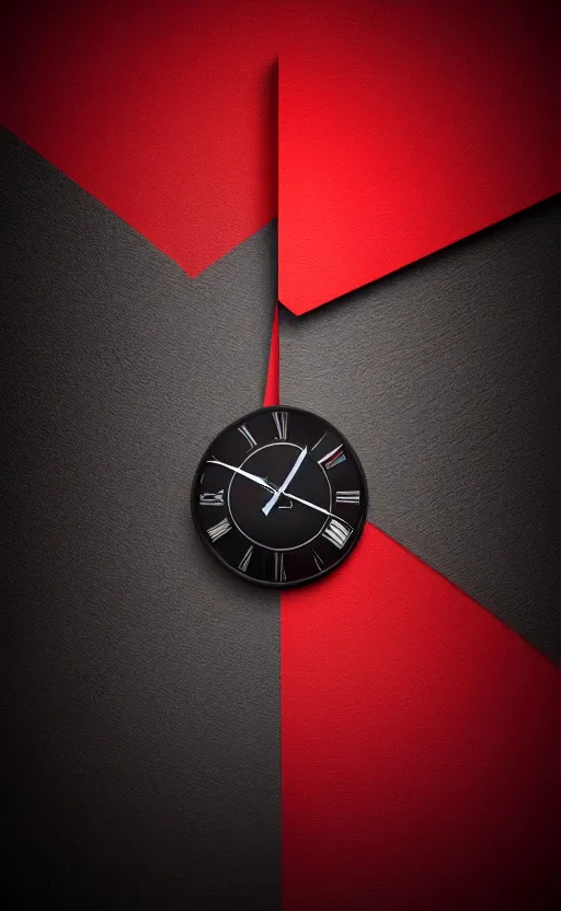 Image similar to a melting Roman numeral clock, behind a red and black gradient background, awith a black heart shaped on the top left corner and a black diamond card shape in the bottom right corner, dynamic lighting, photorealistic fantasy concept art, trending on art station, stunning visuals, cinematic, creative, ultra detailed