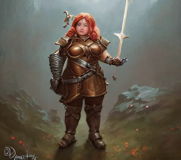 Prompt: cute chubby gnome woman wearing copper armor with sword and shield, small stature, short size, cute and adorable, pretty, beautiful, DnD character art portrait, matte fantasy painting, DeviantArt Artstation, by donato giancola, ralph horley, loish, cinematic lighting