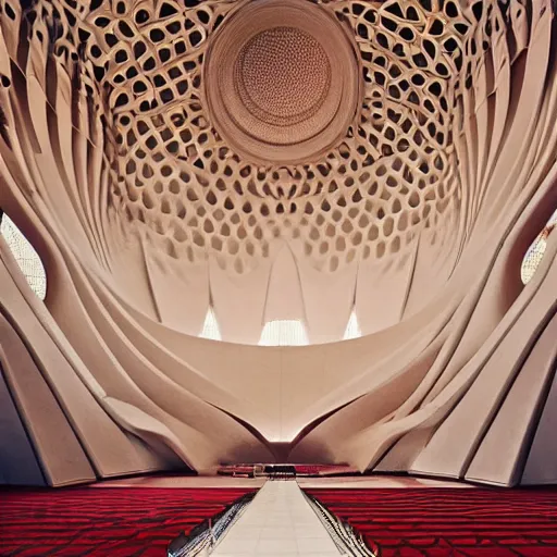 Prompt: interior of a futuristic lotus temple with gold, red and white marble panels, shafts of sunlight in the centre, in the desert, by h r giger, intricate contemporary architecture with art nouveau motifs, photo journalism, photography, cinematic, national geographic photoshoot